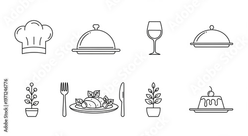 Culinary icons representing food, drinks, and cooking essentials for restaurant and dining concepts.