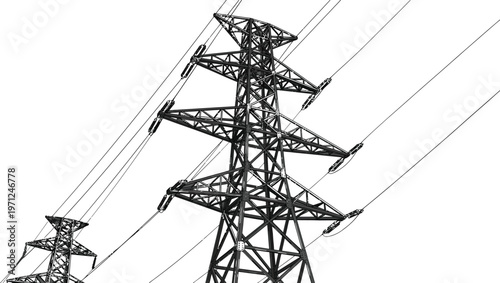 High voltage power transmission towers with insulators and wires on white background