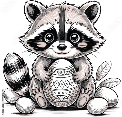 Adorable baby raccoon illustration sitting happily amidst festive spring eggs, holding a beautifully decorated patterned egg with leaves, charming vector graphic.