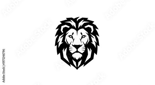 Bold lion head graphic in black and white, minimalist emblem for brand identity design