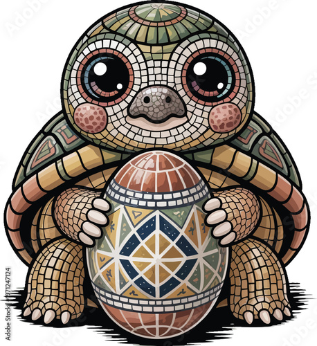 Adorable mosaic-style baby turtle illustration holding a beautifully decorated Easter egg, a charming folk art graphic for spring celebrations.