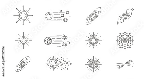 Collection of celestial bodies and cosmic elements in detailed line art.