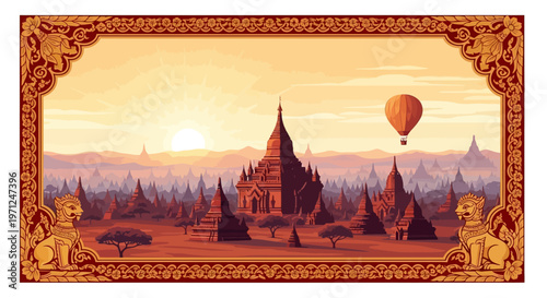 Golden Horizon An Abstract Vector Illustration of Bagan Temples with a Hot Air Balloon, Colorful Digital Art Background