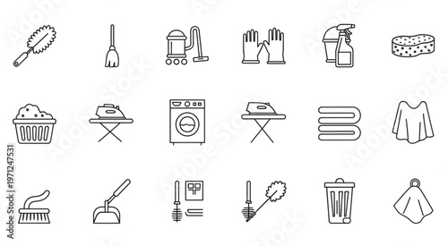 Collection of cleaning tools and equipment for household chores and maintenance.
