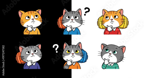 Thinking cats in different colored shirts.