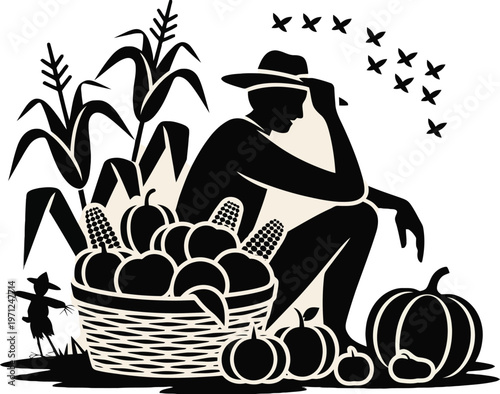 Reflective Farmer Crouching Amidst Abundant Autumn Harvest in a Rural Field with Corn, Pumpkins, and a Basket of Produce, Vector Illustration