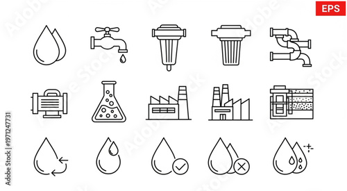 Water purification and treatment process icons for clean water supply.