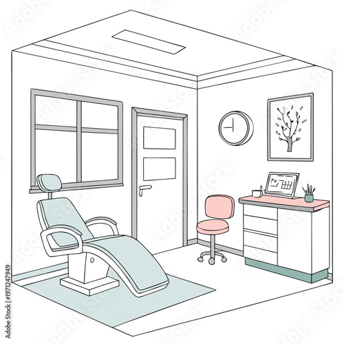 Empty examination room with a patient chair, desk, and office equipment