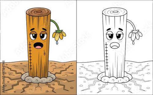 Distressed Cartoon Tree Stump Character with Wilting Flower Cries in Parched, Cracked Earth, Depicting Environmental Drought and Water Scarcity Illustration