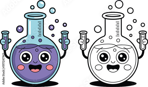 Happy cartoon lab flask character holds test tubes, bubbles. Color vector illustration and outline version for science education, children's learning.