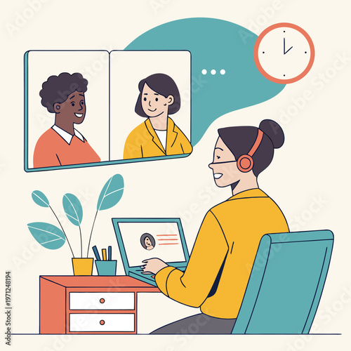 Conference call with smiling participants and a working woman with the screen