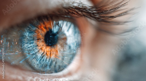 An eye with a vibrant blue iris and glowing orange accents, emphasizing intricate details and textures of the iris and eyelashes