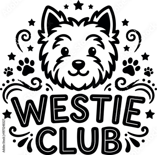 Black and white westie club dog face with paw prints and stars vector art