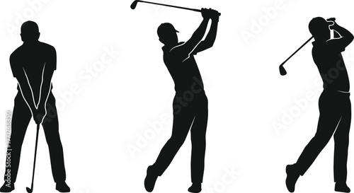 Silhouette of a man playing golf in various poses with a golf club