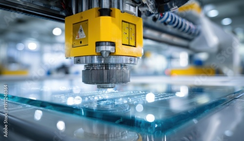 An industrial laser device printing on a transparent glass surface in a manufacturing environment