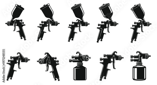 Professional vector silhouette illustrations of HVLP spray guns for automotive painting, industrial coating, furniture refinishing, and DIY workshop hardware equipment.