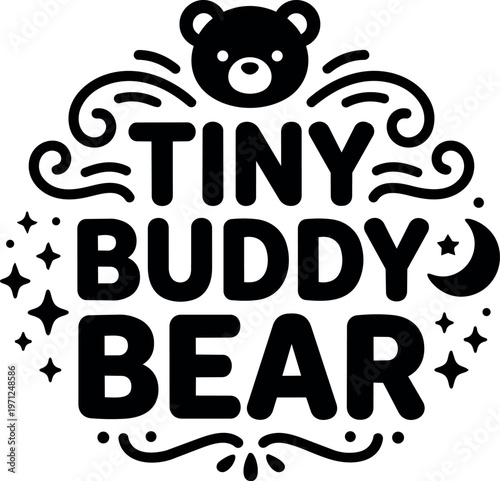 Black and white tiny buddy bear lettering with bear face and stars vector art