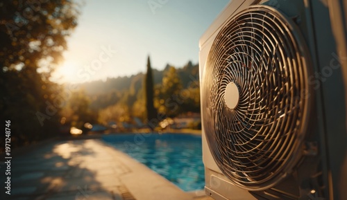 Artistic representation of an outdoor air conditioning unit with metallic grill and textured surface, set against a blurred outdoor landscape with sunlight and trees