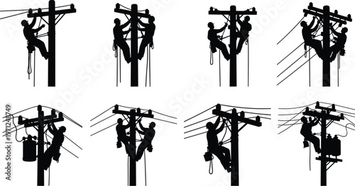 Set of lineman silhouettes working on utility 