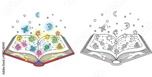 Magical Open Book with Mystical Symbols Stars and Moons, Glowing Grimoire Illustration for Witchcraft and Astrology, Line Art and Colored Version for Kids Coloring Page and Design