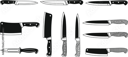 Set of professional kitchen knife icons featuring meat cleaver, chef blade, serrated utility tools, and butcher equipment for culinary design.