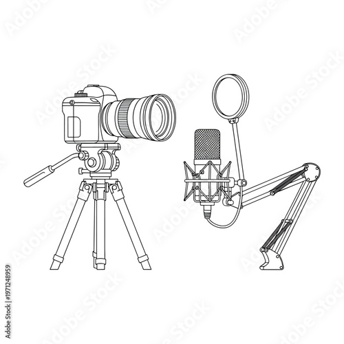 Camera and microphone on stands.