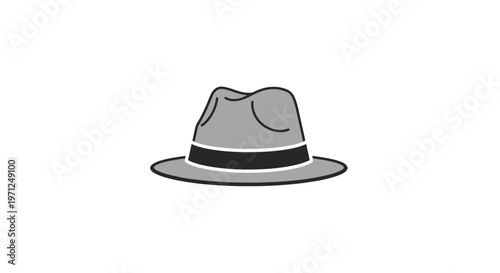 Minimalistic illustration of a fedora hat in grey and black color on a white background