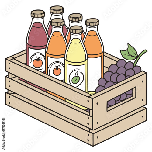 Wooden crate filled with juice bottles and grapes with wooden box