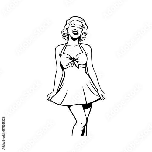 Logotipo boutique de moda. Dibujo con líneas de una mujer alegre con peinado y ropa estilo vintage, sujetando la falda con las manos 