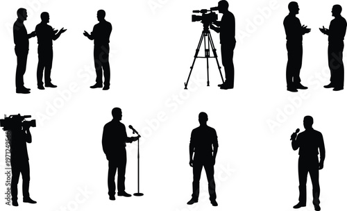 Silhouette set of professional cameraman filming news reporter and media broadcast crew conducting interviews and public speaking on white background