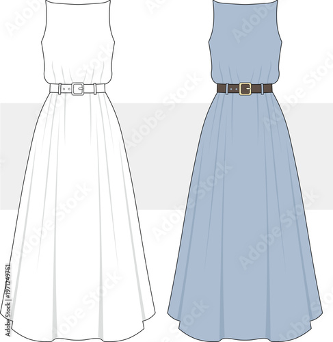 Women's halter neck, belted flared midi dress fashion technical drawing, illustration. Midi summer dress vector. Cad, Mockup.