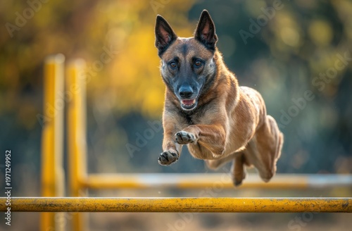 Belgian malinois dog with a sleek, short tan and black coat and pointed ears jumping over a yellow training hurdle in an outdoor agility course