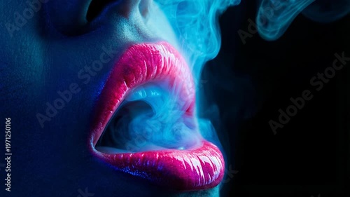 Woman sensual lips exhale mysterious blue smoke. Vibrant pink mouth highlighted by dark light. Sensual vapor curls, creating dramatic glowing neon effect against deep background