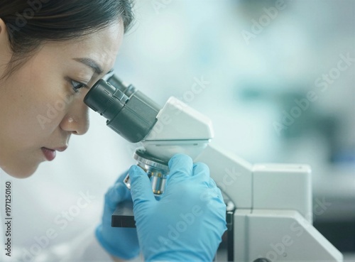 scientist looking through microscope