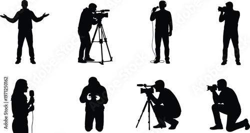 Silhouettes of journalists, news reporters, and professional cameramen using video cameras and microphones, isolated on a white background for broadcasting.