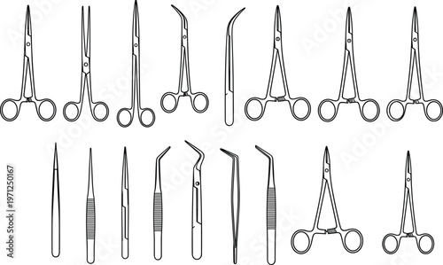 Surgical instruments line art vector set, featuring medical scissors, hemostats, tweezers, and forceps, isolated on a white background for healthcare.