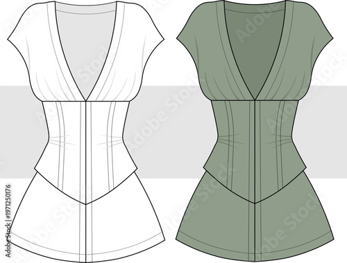 Women's fitted waist corset mini sleeveless dress fashion technical drawing, illustration. Mini cool dress vector. Cad, Mockup.