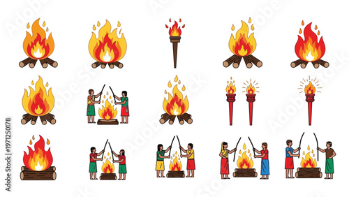 Campfire, torches and people performing rituals vector set, traditional fire celebration icons.