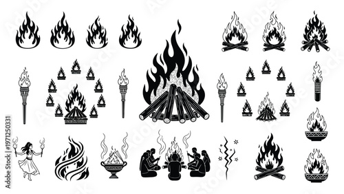 Collection of fire icons and symbols for design and decoration.