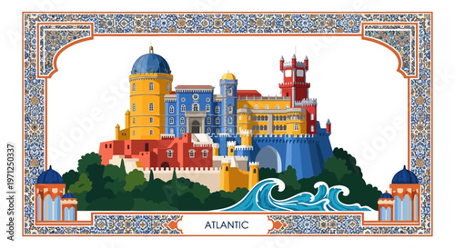 Colorful Abstract Vector Illustration of a Castle with Atlantic Waves, a Modern Digital Art Background