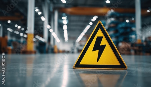 Bright yellow caution triangle warning sign with black lightning bolt symbol in an industrial environment, glossy surface and matte edges highlighting hazard alert