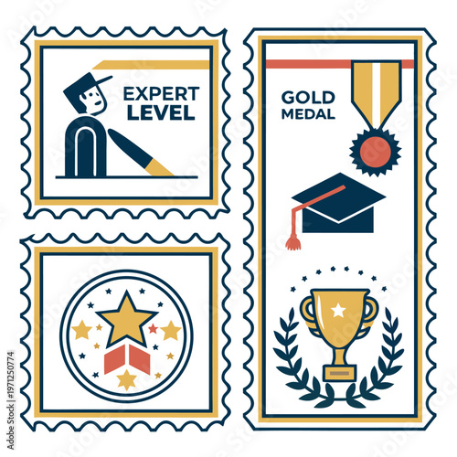 Collection of graphic stamps with achievements and awards with gold medal