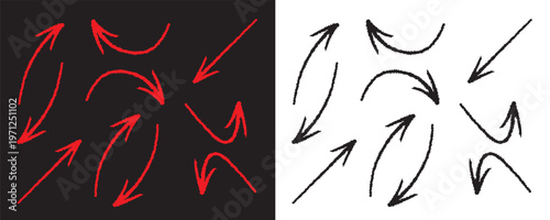 Hand Drawn Black and Red Curved Arrow Set, Doodle Sketch Directional Arrows Collection with Swirl, Loop and Wavy Lines for Infographic, Flowchart, Workflow Diagram, UI UX Navigation, Web Design