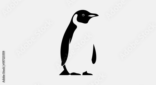 Minimalist black and white penguin illustration on a neutral grey background
