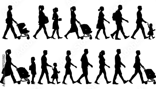 Black Silhouette Set of Men Women Children Walking with Strollers & Bags