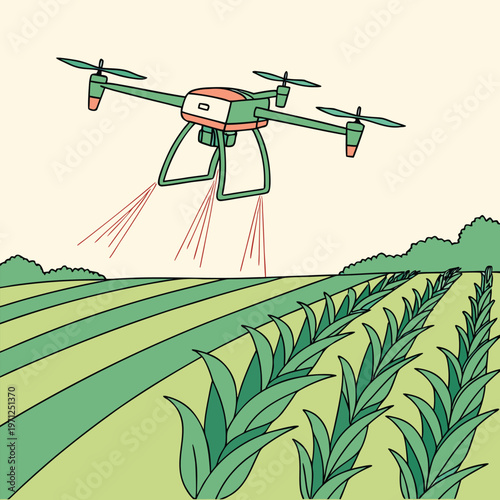 Agriculture drone spraying crops in a field with food production with plant care