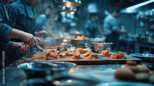 Busy commercial kitchen scene with professional chefs preparing colorful dishes on stainless steel countertops under bright overhead lighting