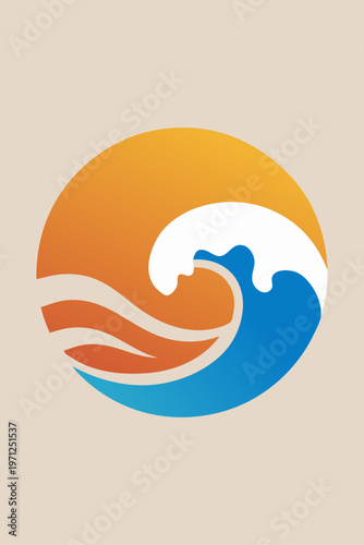 Logo agencia de viajes. Vacaciones de verano. Dibujo sencillo con silueta de un sol con olas de mar en forma de círculo, con fondo claro