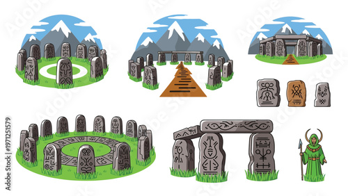 Ancient standing stone circles with decorative runes and mountain background scenery.