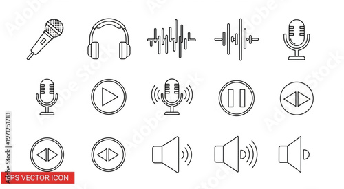 Audio equipment icons representing sound recording and playback elements in a linear style.